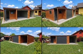 Garáž 5,5×5 m – Zlatý dub tmavý/ grafit + přístřešek 2X5 „PA