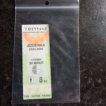 Nepoužitá jízdenka MHD Brno z roku 1998