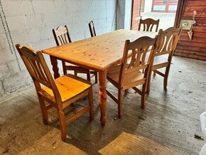 Jídelní dřevěný stůl rozkládací a 6 židlí, masivní