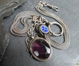 Stříbrný šatlén, řetízek na hodinky s přívěškem