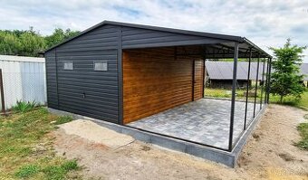 Garáž 3,5×6 m-černá matná/zlatý dub+ Přístřešek4×6m„KAL 5“