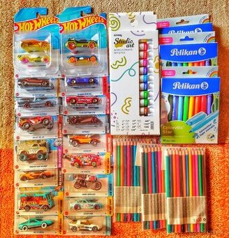 19x hot wheels autíčka, pastelky, fixy, akrylové barvy
