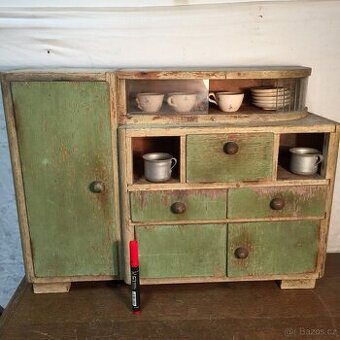 starožitná kredenc pro děti panenky kuchyňka nádobí 1920