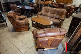 Sedací kožená souprava - rustikální - dřevo - kůže - záruka