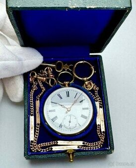 14K ZLATÉ PÁNSKÉ KAPESNÍ KLÍČOVKY S ŘETÍZKEM A ETUI