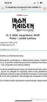 Prodám dva lístky na iron maiden
