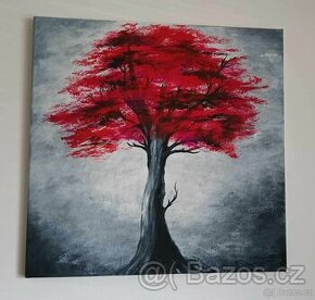 Malovaný obraz - červený strom 40x40xm