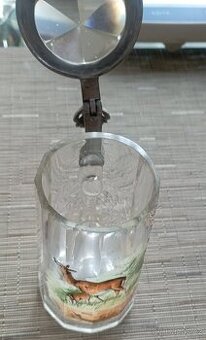 Starožitný skleněný korbel s mysliveckým motivem - 1