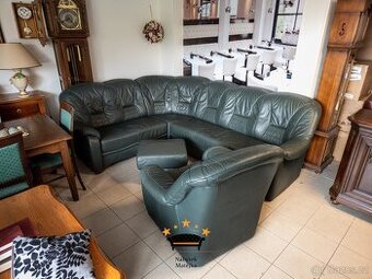 Sedací kožená souprava rohová + křeslo + taburet