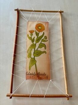 Ruční Malba na hedvábí v dřevěném rámu měsíček lékařský