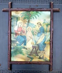Starožitný kolorovaný náboženský tisk v dřevěném rámu - SLEV