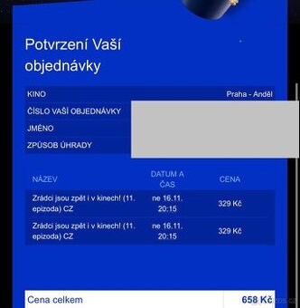 Prodám 2 vstupenky Zrádci Praha Anděl - Cinestar