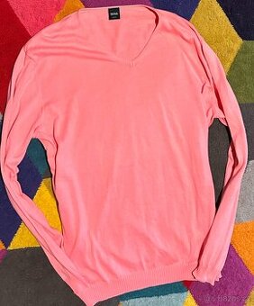 HUGO BOSS  BAVLNĚNÝ PÁNSKÝ KRÁSNÝ SVETR PINK LOSOS XXL