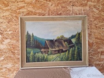Starožitný obraz – Krajina s roubenkou asi BESKYDY
