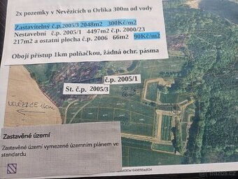 2x pozemek u Orlíka 300m od vody od 90Kč/m2