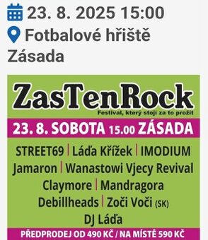ZAS TEN ROCK - prodám lístky na Rockový Festival.