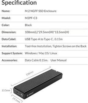 Orico M2PF-C3-BK-EP 5Gbps SATA
