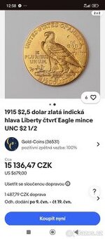 Prodám zlatou minci z roku 1915 amercki dolar - 1