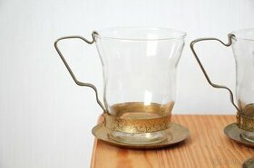 Vintage servis na čaj/kávu skleněno-kovový zlatý