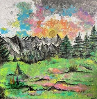 Ruční obraz – krajina Chamonix se zlatým sluncem, 50 x 50 cm