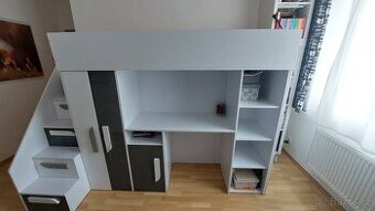 Dětská vyvýšená postel se stolem, skříní a schody- TOP stavu