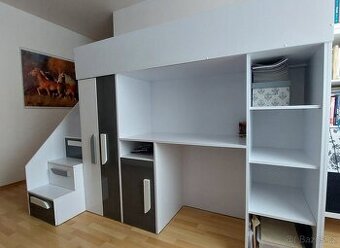 Dětská vyvýšená postel se stolem, skříní a schody- TOP stavu