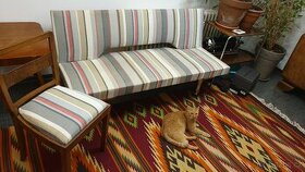 retro gauč + 4 art deco židle se stejným novým čalouněním