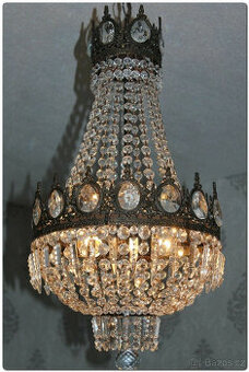 Velký starožitný bronzový křišťálový košový lustr s taškou
