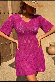 Nové krásné háčkované šaty na pláž, fuchsiové barvy, vel. M