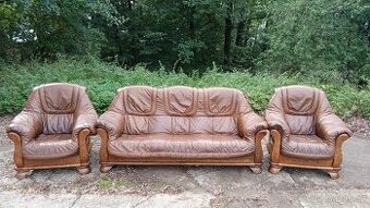 Kožená sedací souprava 3+1+1 s masivním dřevem