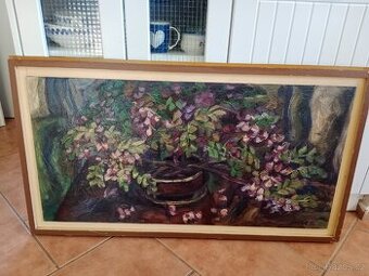 Originální olejomalba – květinové zátiší, 110 × 65 cm