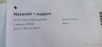 2 vstupenky Nazareth Mikulov 16.8.