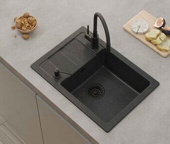 Granitový černý dřez + sifon + baterie černé