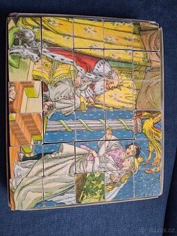 Retro dřevěné kostky -Pták Ohnivák a liška Ryška, M.F. Kvěch