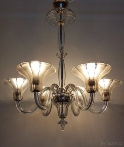 Starožitný celoskleněný šesti ramenný lustr, Art deco