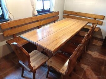 Prodám masivní dubový selský stůl, lavice a židle