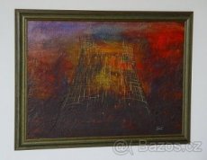 Olej na kartonu, podmalba na skle, rybí výšivka