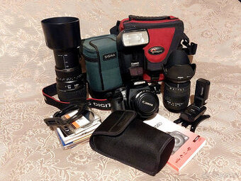 Canon 450d + 18-50 f2,8 + 70-300 + 50mm f1,8 + blesk ex430II