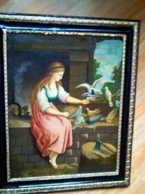 Obraz olej na plátně. BIDERMEIER Dívka krmící holuby.