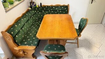 ROHOVÁ LAVICE + STŮL + DVĚ ŽIDLE
