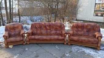 Kožená sedací souprava 3+2+1 s masivním dřevem