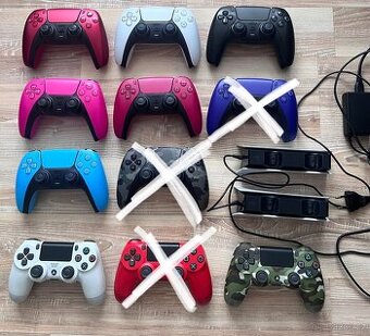 Sbírka ovladačů Dualsense PS5 i nabíječka a DualShock 4 V2