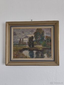 Olejomalba – podzimní krajina s řekou, signováno