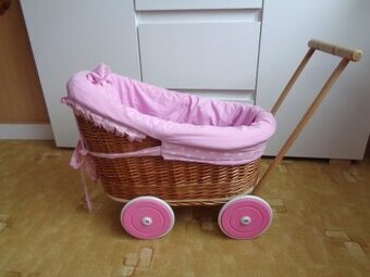 Luxusní proutěný kočárek pro panenky-růžový s puntíky-levně