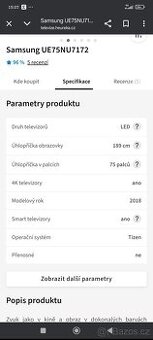 Prodám tv Samsung UE75NU7172 úhlopříčka 189cm