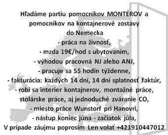 Hľadáme pomocníkov MONTÉROV do Nemecka