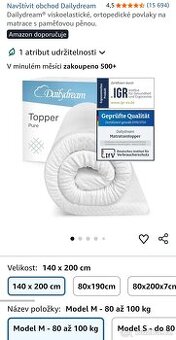 Topper matrace s paměťovou pěnou - 140x200 - ortopedické