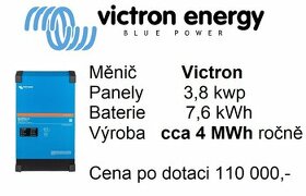 FVE Victron, 3,8kwp, baterie 7,6kWh, výroba cca 4MWh ročně