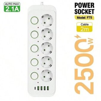 Prodlužovací kabel pro 5 zásuvek /4xusb-A+usb-c/2m kabel/250