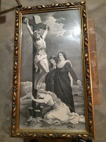 Ukřižování Krista - hedvábný gobelín, cca 1860